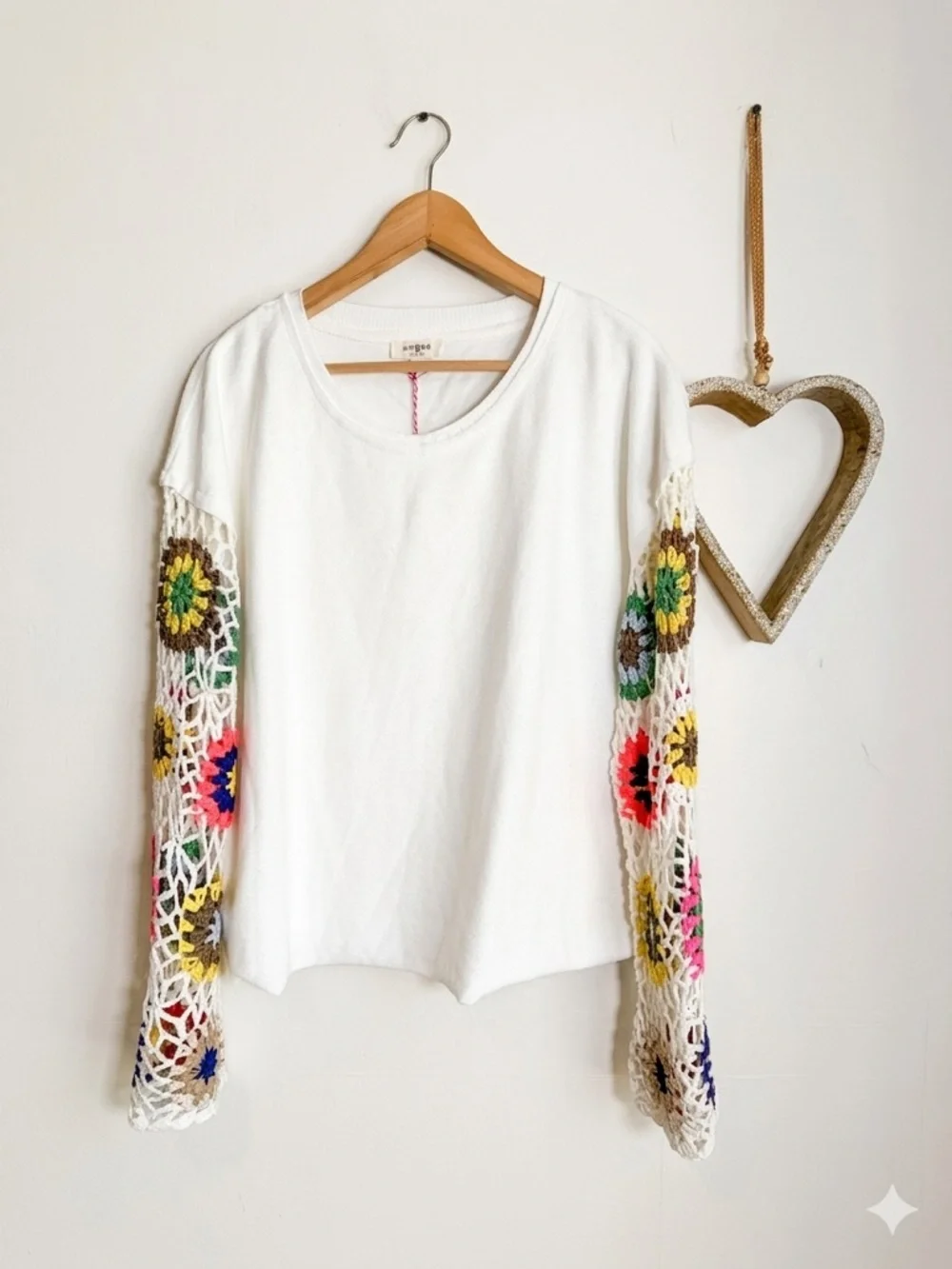 Umgee Ivory Crochet Sleeve Top Boho Floral Knit Sleeve Tee Lightweight LARGE - Picture 2 of 10